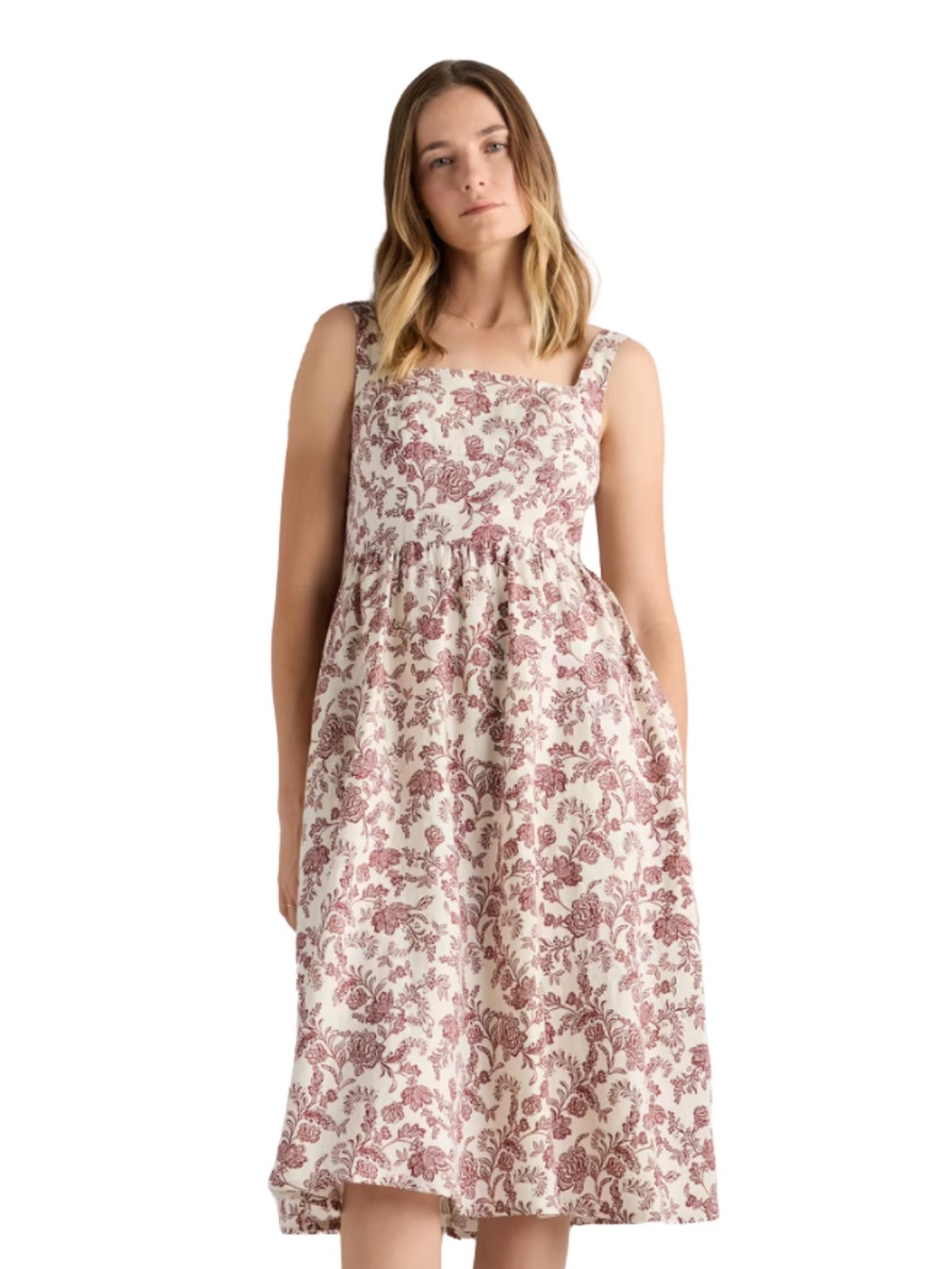 Quince Linen Fit Flare Midi Dress Cream Red Floral Quiet Luxury Feminine Prairie